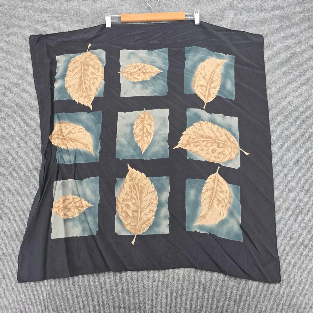 Vintage Navy Blue Leaf Print Square Scarf Botanical Nature Design 33x33